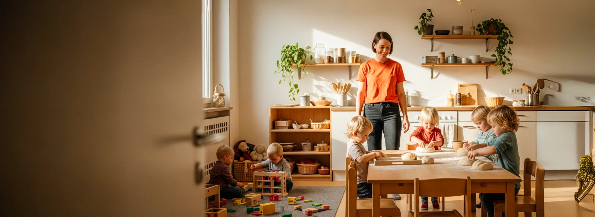 Eine Fachperson der Kita Nestwärme Studen begleitet drei Kinder bei einer gemeinsamen Back-Aktivität, die Selbstständigkeit und soziales Miteinander fördert.