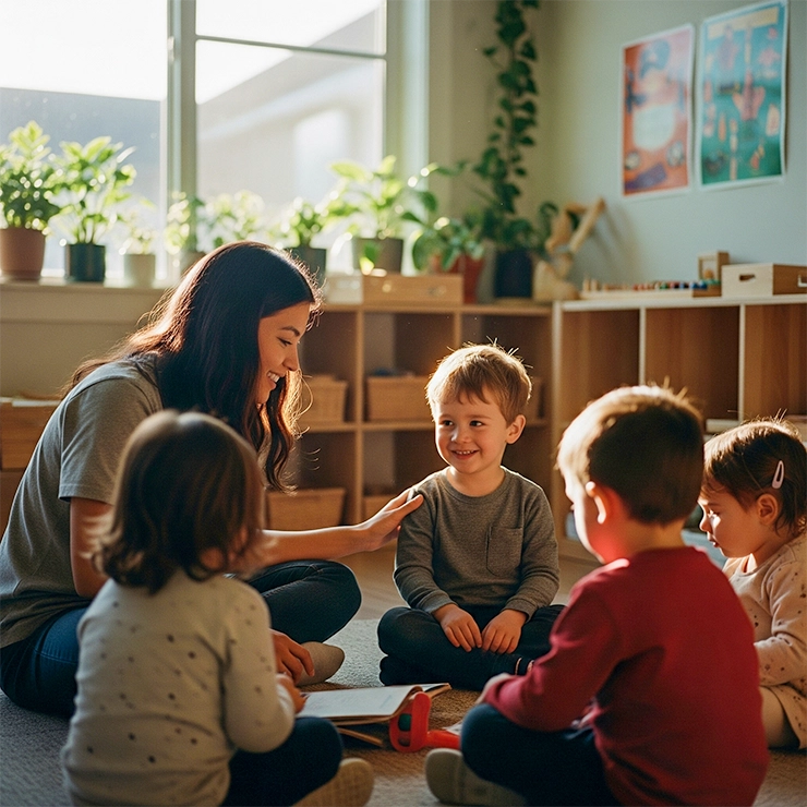 Eine Gruppe von Kindern sitzt mit ihrer Erzieherin im Kreis in der Kita Nestwärme Studen, was den strukturierten Lernalltag und die individuelle Förderung symbolisiert.