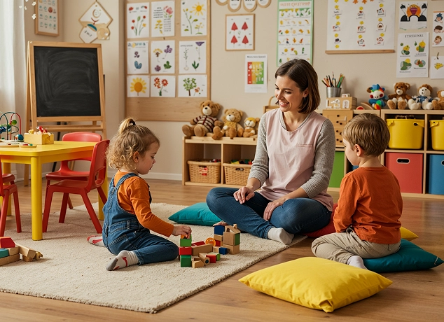 Eine Erzieherin der Kita Nestwärme begleitet zwei Kinder achtsam beim Bauen mit Holzklötzen, als Teil des pädagogischen Ansatzes in Studen.