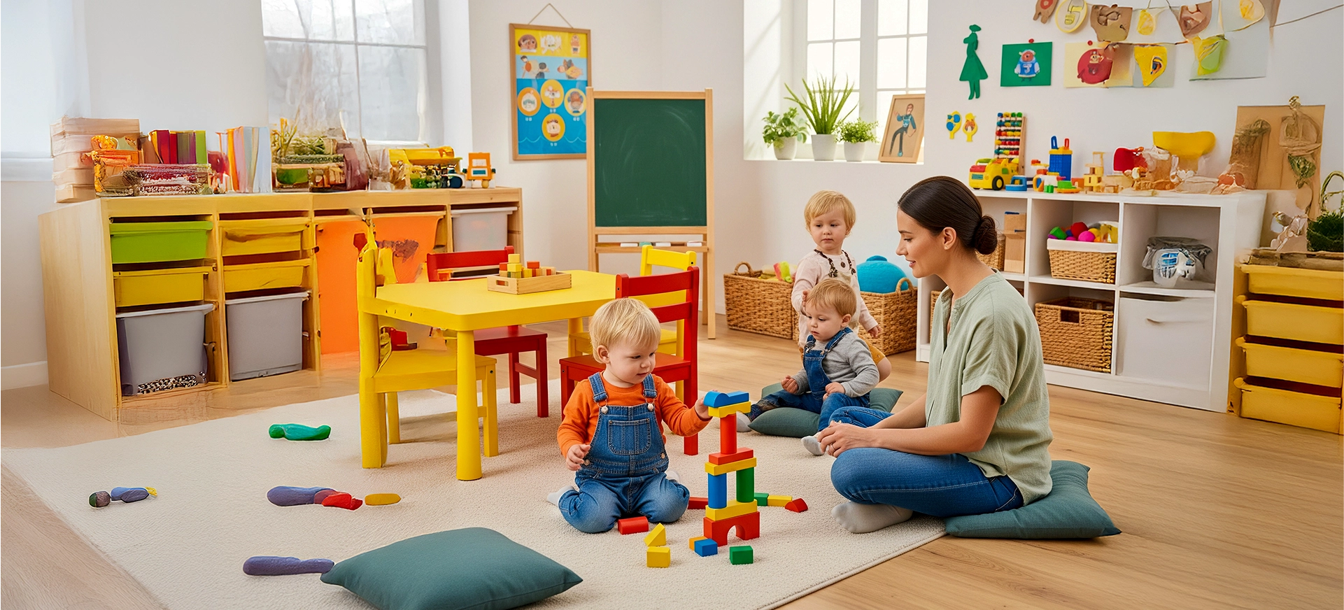 Eine Betreuerin von Nestwärme Studen sitzt mit drei Kindern in einer hellen, sicheren Spielumgebung, die die Mission des Vereins widerspiegelt: Geborgenheit und liebevolle Förderung.