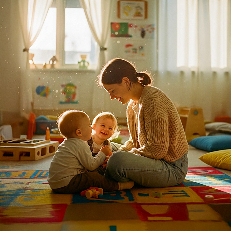 Eine Tagesmutter von Nestwärme Studen kümmert sich liebevoll um zwei Kleinkinder und schafft durch familiäre Nähe eine starke, vertrauensvolle Bindung.