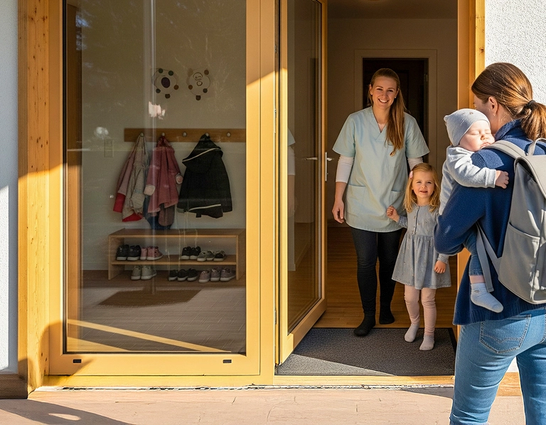 Eine Tagesmutter von Nestwärme Studen heisst eine Mutter mit ihrem Baby herzlich an der Haustür willkommen und vermittelt so die familiäre Atmosphäre der Betreuung.