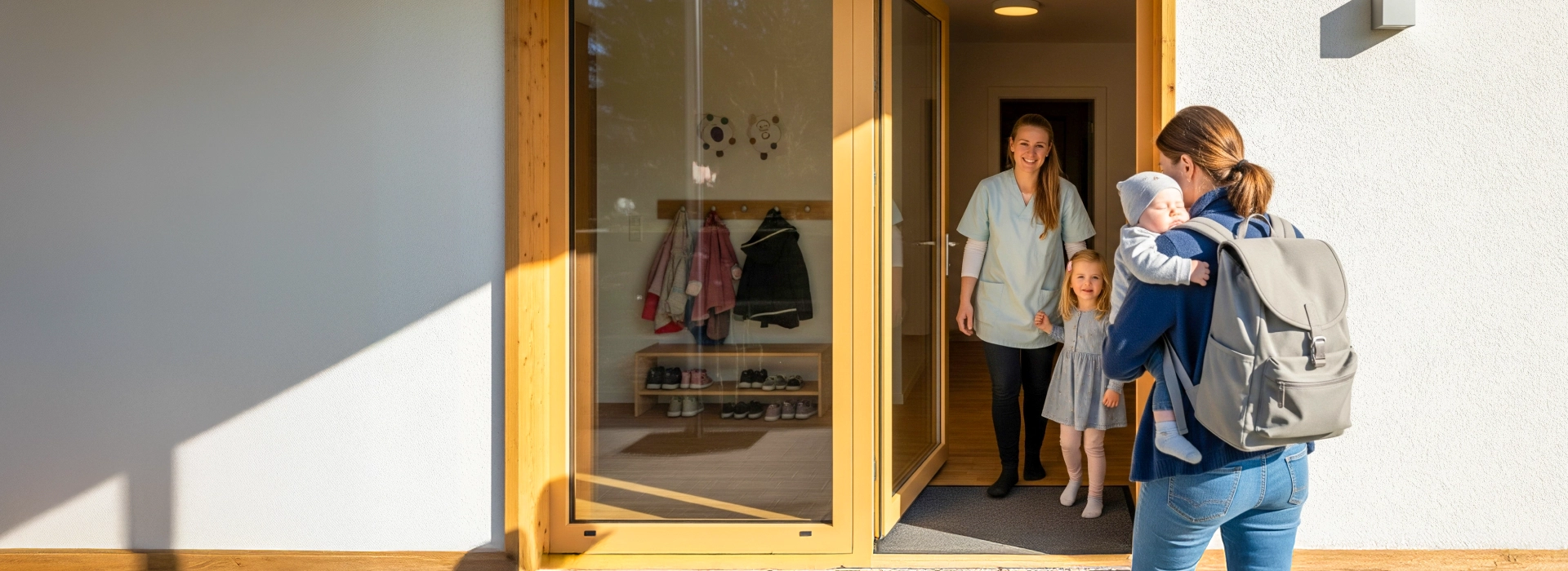 Eine Tagesmutter von Nestwärme Studen heisst eine Mutter mit ihrem Baby herzlich an der Haustür willkommen und vermittelt so die familiäre Atmosphäre der Betreuung.