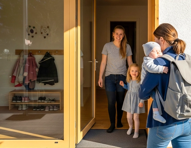 Eine Tagesmutter von Nestwärme Studen heisst eine Mutter mit ihrem Baby herzlich an der Haustür willkommen und vermittelt so die familiäre Atmosphäre der Betreuung.