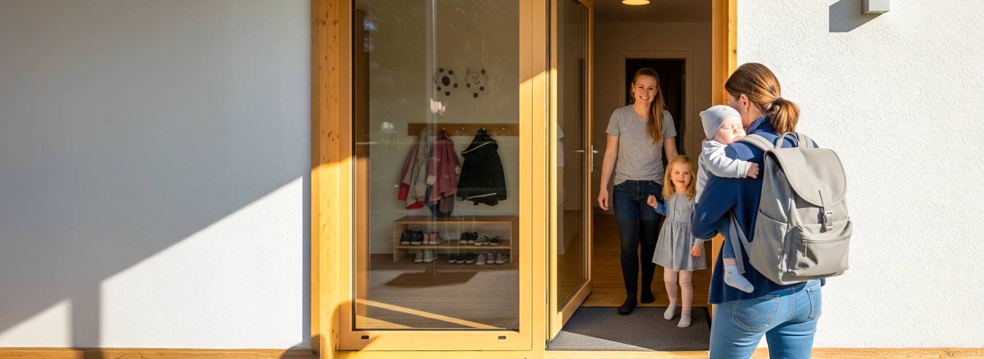Eine Tagesmutter von Nestwärme Studen heisst eine Mutter mit ihrem Baby herzlich an der Haustür willkommen und vermittelt so die familiäre Atmosphäre der Betreuung.